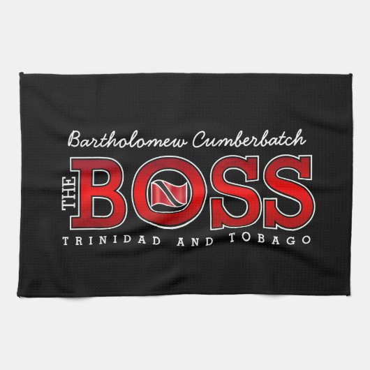 Patriotic BOSS Trinidad Flag and NAME on BLACK Geschirrtuch (Horizontal)