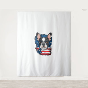 Patriotic Boston Terrier Doppy Puppy American Flag Wandteppich