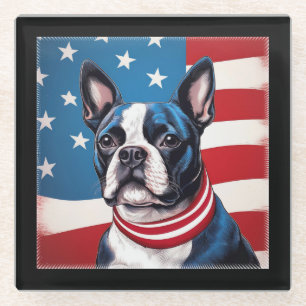 Patriotic Boston Terrier mit amerikanischer Flagge Glasuntersetzer