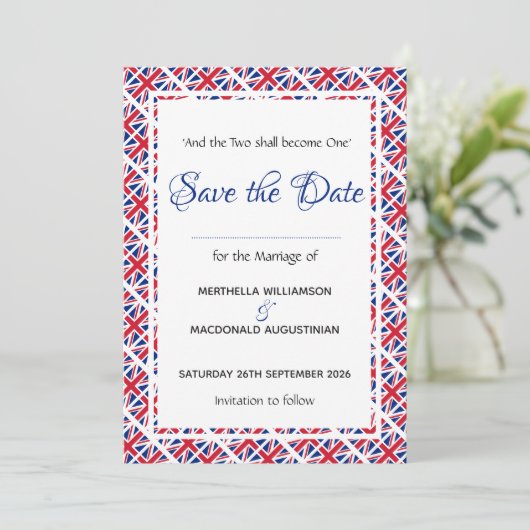 Patriotic British UNION JACK Wedding Save The Date (Stehend Vorderseite)