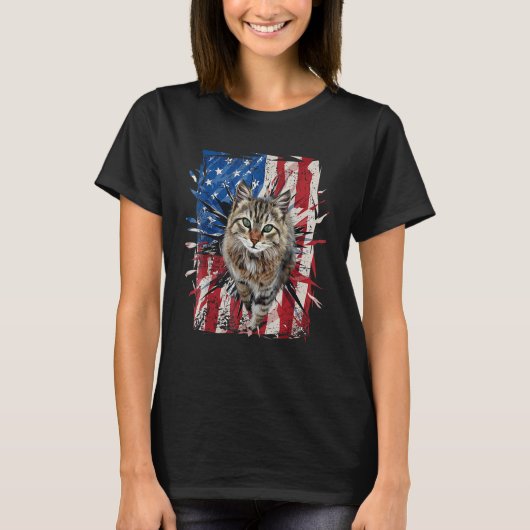 Patriotic Brown Cat Torn American Flag 4th Of July T-Shirt (Vorderseite)