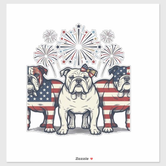Patriotic Bulldog Fireworks Vintage Engraving Desi Aufkleber (Blatt)