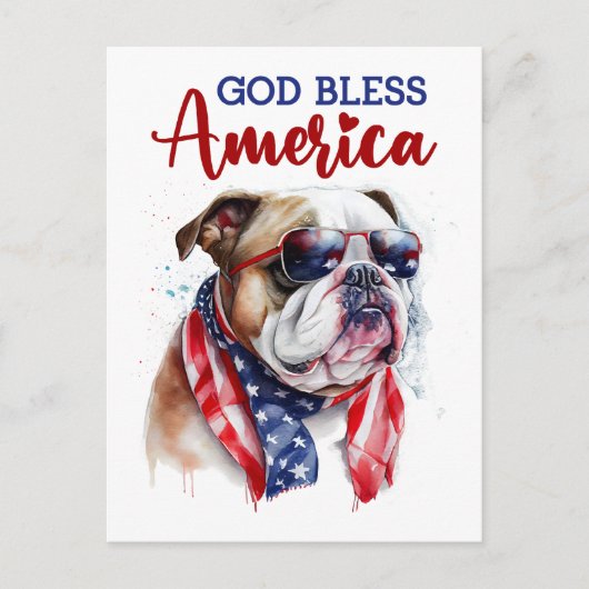 Patriotic Bulldog, Gott segne Amerika Postkarte (Vorderseite)