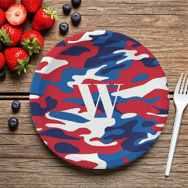 Patriotic Camouflage Monogram Red White Blue Camou Pappteller