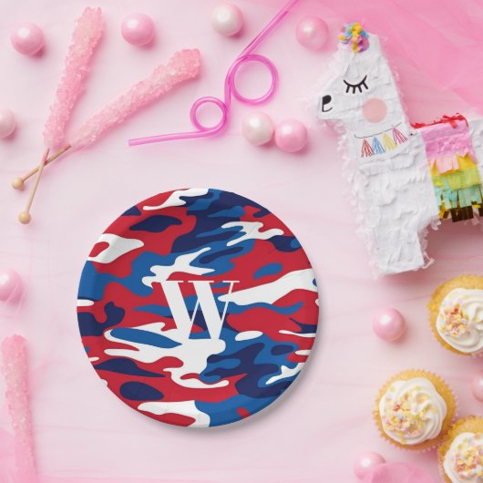 Patriotic Camouflage Monogram Red White Blue Camou Pappteller (Party)