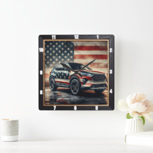 Patriotic Car American Flag Quadratische Wanduhr