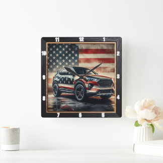 Patriotic Car American Flag Quadratische Wanduhr