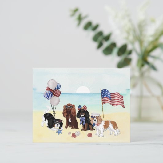 Patriotic Cavalier King Charles Spaniels Beach Postkarte (Stehend Vorderseite)