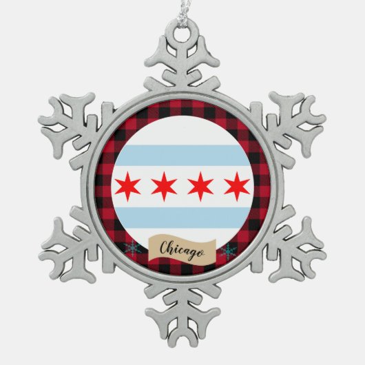 Patriotic Chicago, Büffel kariert, Chicago Flag Schneeflocken Zinn-Ornament (Vorderseite)