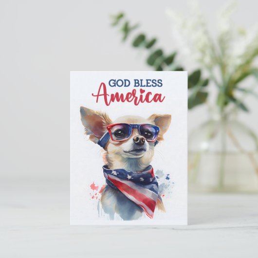 Patriotic Chihuahua, Gott segne Amerika Postkarte (Stehend Vorderseite)
