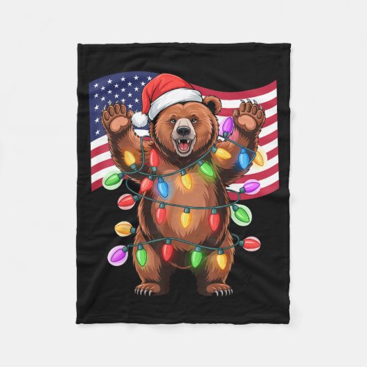 Patriotic Christmas Grizzly Bear Holiday Light San Fleecedecke (Vorderseite)