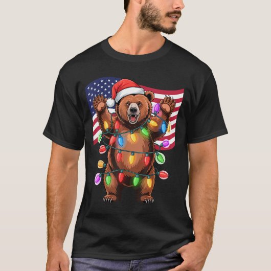 Patriotic Christmas Grizzly Bear Holiday Light San T-Shirt (Vorderseite)