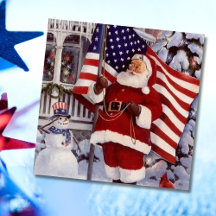 Patriotic Christmas Santa Holding American Flag