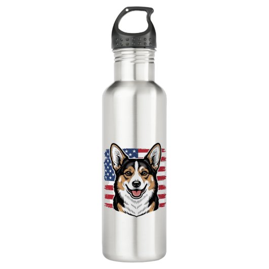 Patriotic Corgi American Flag Vintage Vector Desig Edelstahlflasche (Vorderseite)
