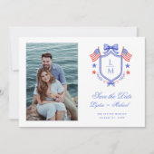 Patriotic Crest w/ US Flags | Monogram Save The Date (Vorderseite)