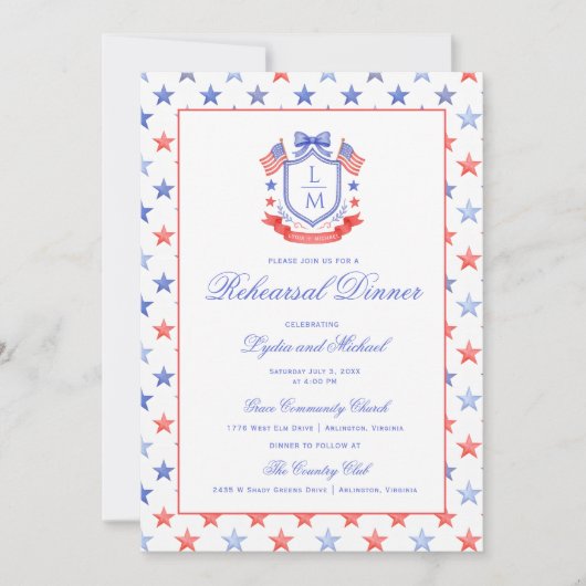 Patriotic Crest w/ US Flags | Rehearsal Dinner Einladung (Vorderseite)