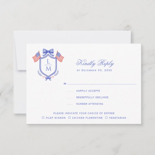 Patriotic Crest with Flags| Monogram Wedding RSVP Karte (Vorderseite)