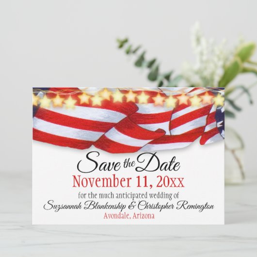 Patriotic Custom Wedding Save the Date QR Code Ankündigung (Stehend Vorderseite)