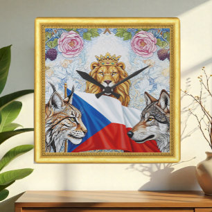 Patriotic Czech Lion, Lynx, Wolf Art Nouveau Quadratische Wanduhr