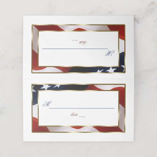 Patriotic, Elegante USA Flag Gold Tischnummer Platzkarte (Außenseite Aufgefaltet)