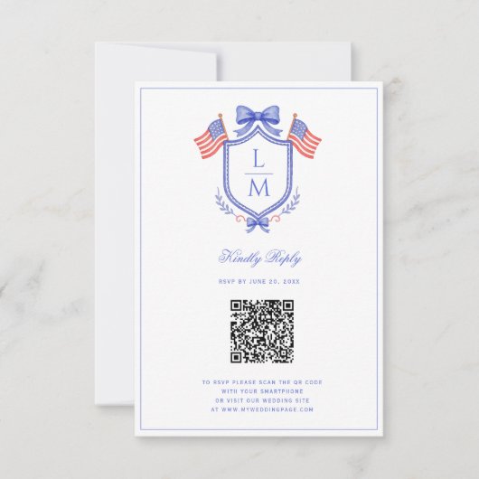 Patriotic Flag Crest | Monogram Wedding | QR RSVP Karte (Vorderseite)