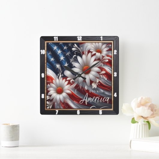 Patriotic Flag Daisies Decorative Quadratische Wanduhr (Zuhause)
