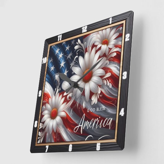 Patriotic Flag Daisies Decorative Quadratische Wanduhr (Winkel)