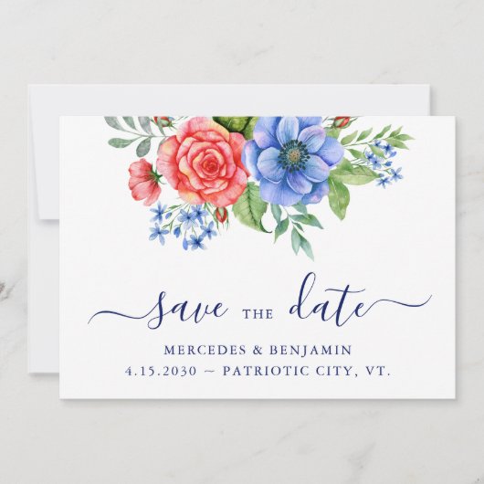 Patriotic Floral Red Blue 4. Juli Hochzeit Save The Date (Vorderseite)