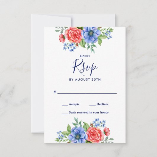 Patriotic Floral Red White Blue 4. Juli Hochzeit RSVP Karte (Vorderseite)