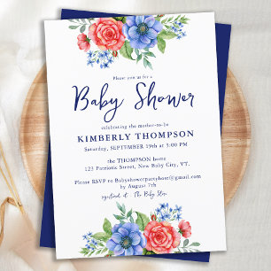 Patriotic Floral Red White Blue Baby Dusche Einladung