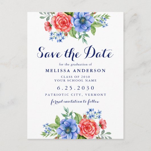 Patriotic Floral Red White Blue Party Abschluss S Einladungspostkarte (Vorderseite)