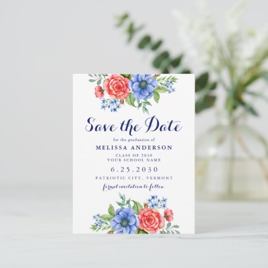 Patriotic Floral Red White Blue Party Abschluss S Einladungspostkarte (Stehend Vorderseite)
