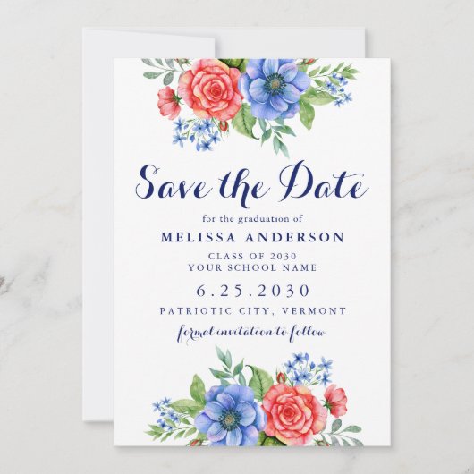 Patriotic Floral Red White Blue Party Abschluss Save The Date (Vorderseite)