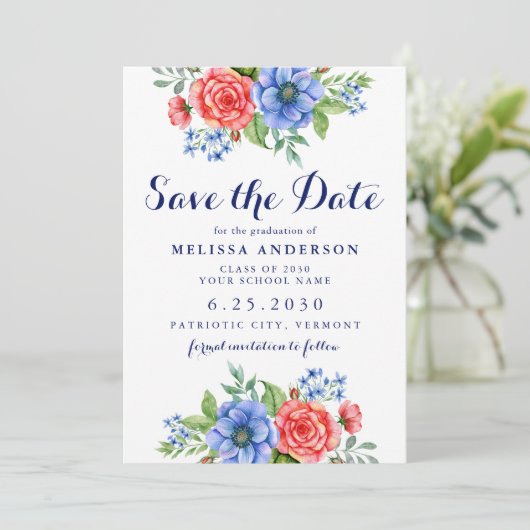 Patriotic Floral Red White Blue Party Abschluss Save The Date (Stehend Vorderseite)
