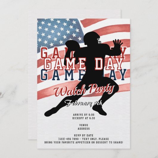 Patriotic Football W Game Day Watch Party Einladung (Vorne/Hinten)