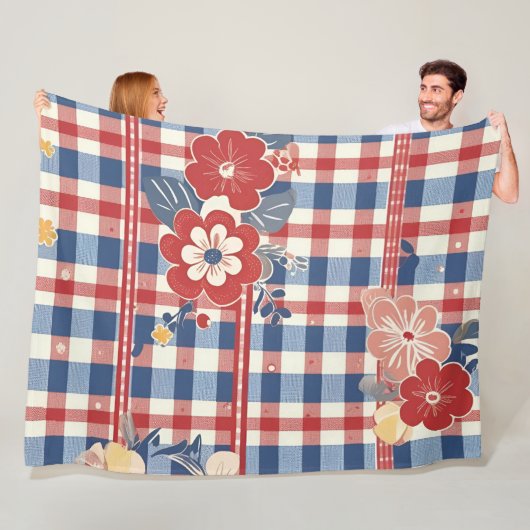 Patriotic Gingham mit floralen Akzenten | Rot-Weiß Fleecedecke (Beispiel)