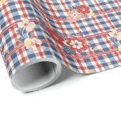 Patriotic Gingham mit floralen Akzenten | Rot-Weiß Geschenkpapier (Rolleneckpunkt)