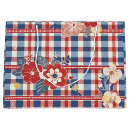 Patriotic Gingham mit floralen Akzenten | Rot-Weiß Große Geschenktüte