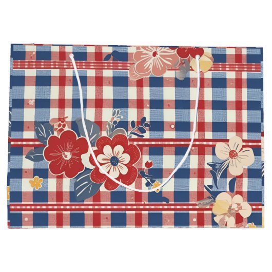 Patriotic Gingham mit floralen Akzenten | Rot-Weiß Große Geschenktüte (Rückseite)