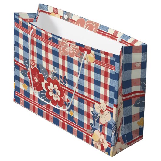 Patriotic Gingham mit floralen Akzenten | Rot-Weiß Große Geschenktüte (Vorderseite Schrägansicht)