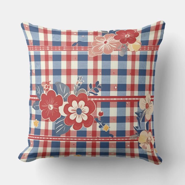 Patriotic Gingham mit floralen Akzenten | Rot-Weiß Kissen (Vorderseite)