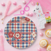 Patriotic Gingham mit floralen Akzenten | Rot-Weiß Pappteller (Party)