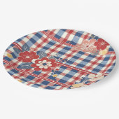 Patriotic Gingham mit floralen Akzenten | Rot-Weiß Pappteller (Schrägansicht)
