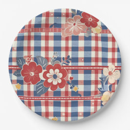 Patriotic Gingham mit floralen Akzenten | Rot-Weiß Pappteller