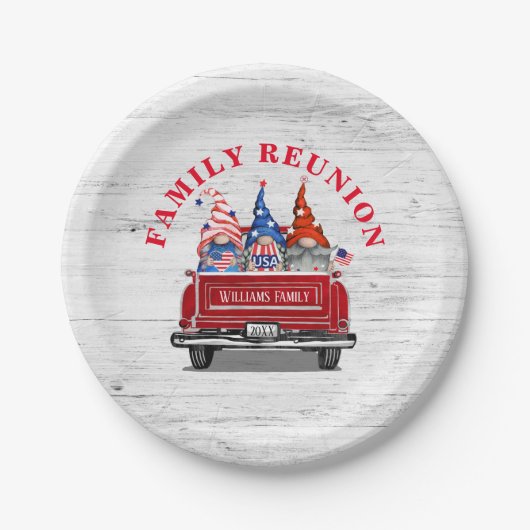 Patriotic Gnome Vintag Red Truck Family Wiedersehe Pappteller (Vorderseite)