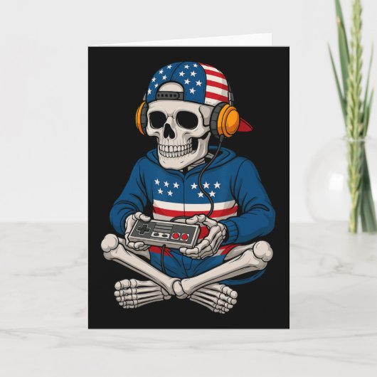 Patriotic Halloween Skeleton Gamer Funny Skeleton Karte (Vorderseite)