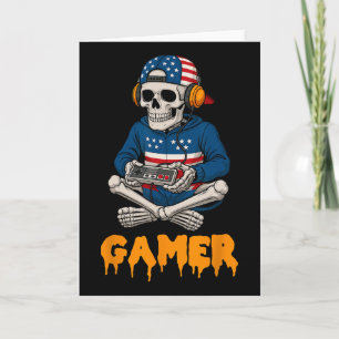 Patriotic Halloween Skeleton Gamer Funny Skeleton Karte
