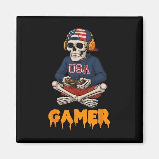 Patriotic Halloween Skeleton Gamer Funny Skeleton Magnet (Vorne)