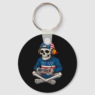Patriotic Halloween Skeleton Gamer Funny Skeleton Schlüsselanhänger