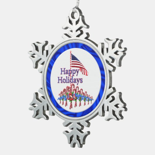 Patriotic Happy Holidays Candy Canes Schneeflocken Zinn-Ornament (Rechts)